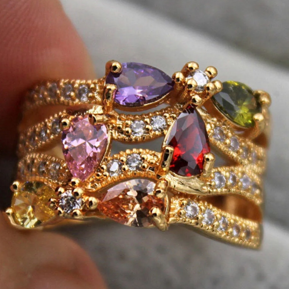 New multi colored cz 18kt gold filled ring